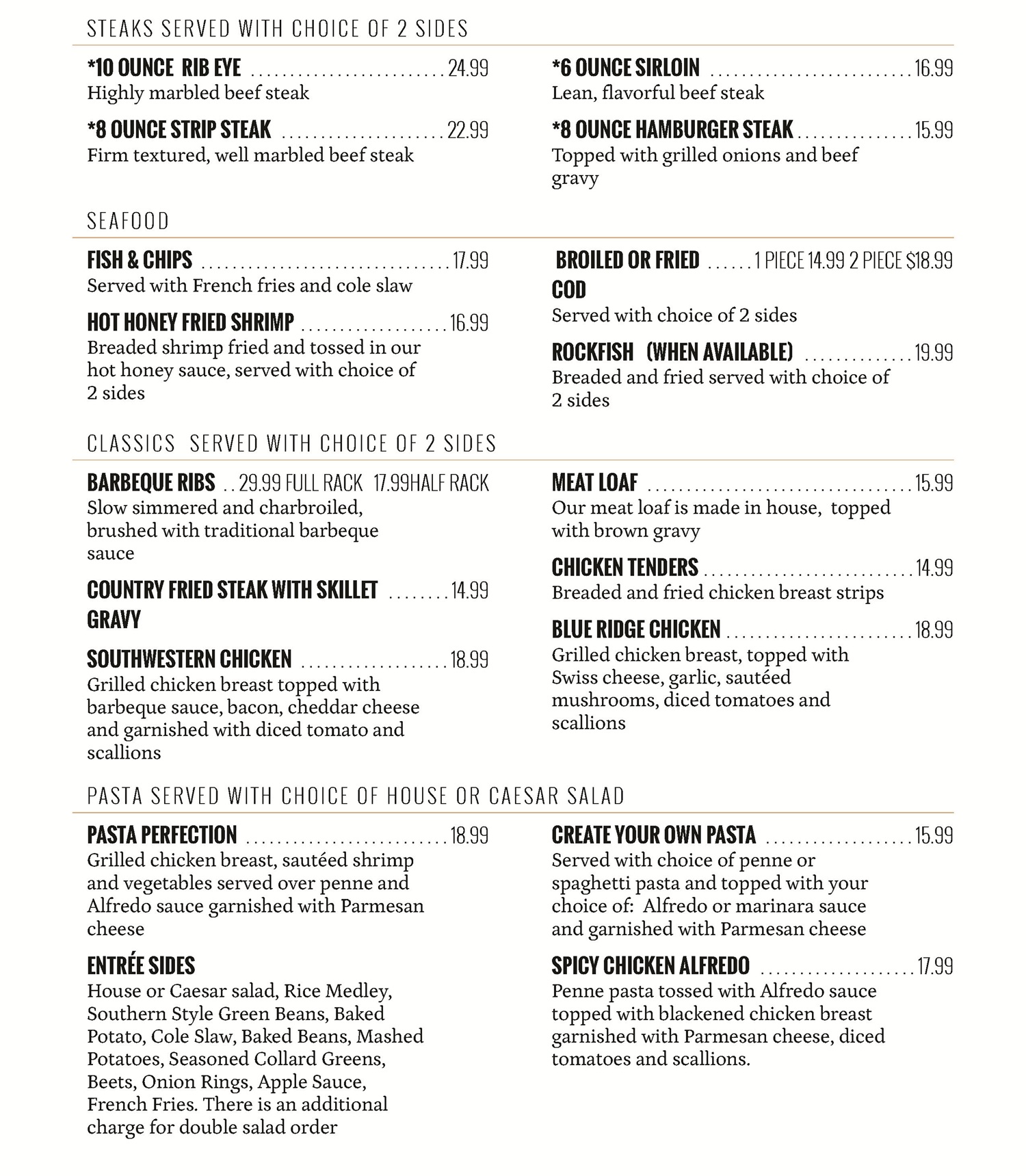 dinner menu 2026